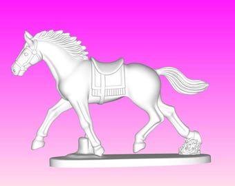 May include: A white horse figurine with a saddle, bridle, and flowing mane and tail. The horse is posed in a walking stance, mounted on a rectangular base. The background is a gradient of pink and purple.
