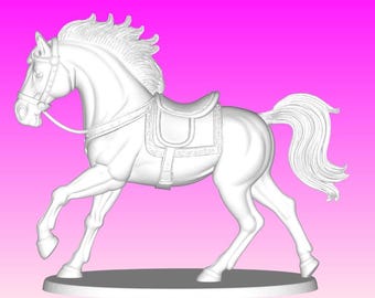 May include: A white, three-dimensional sculpture of a horse in a trotting pose. The horse has a saddle and bridle, and its tail is flowing. The sculpture is set against a pink background.