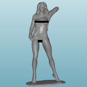 May include: A gray figurine of a woman with long hair, wearing a shirt that is partially pulled off her shoulders.