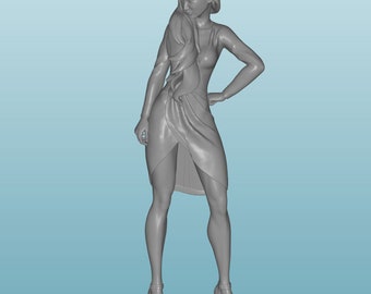 May include: A gray 3D printed figurine of a woman wearing a long dress and high heels. The woman is standing with her right hand on her hip and her left hand by her side. Her hair is long and flowing.