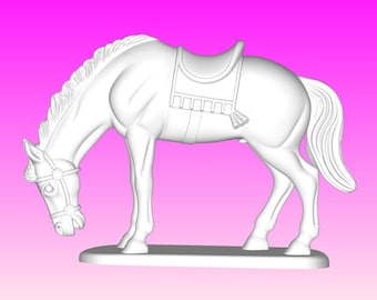 May include: A white horse figurine with a saddle, bridle, and a flowing mane and tail. The horse is standing on a rectangular base, with its head lowered. The background is a gradient of pink and purple.