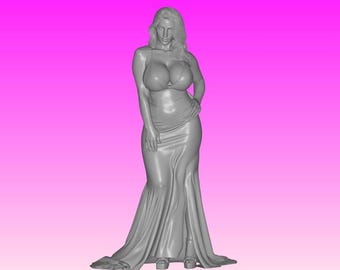 May include: A gray 3D-printed figurine of a woman in a formal gown. The figure is posed with one hand on her hip. The dress has a mermaid silhouette, and the top resembles a bra. The background is a gradient of pink.