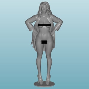 May include: A gray 3D printed figurine of a woman wearing a long coat and high heels. The figurine is standing on a round base.