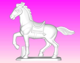 May include: A white horse figurine with a saddle, standing on a base. The horse is sculpted with detailed features, including a flowing mane and tail. The background is a gradient of pink and purple.