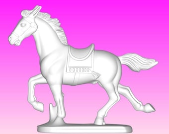 May include: A white horse figurine in a trotting pose, complete with saddle and bridle. The horse is set against a gradient pink background. The figurine is mounted on a rectangular base.