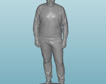 May include: A 3D-rendered, gray-toned figure of a person wearing a long-sleeved shirt and pants. The person is standing on a circular base against a light blue background. The clothing appears to be casual.
