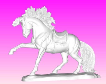 May include: A white horse sculpture with a saddle, mane, and tail, posed with a raised front leg. The horse is on a base, set against a gradient pink background. The sculpture is detailed and appears to be made of a solid material.