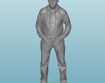 May include: A gray 3D printed figurine of a person wearing a hooded sweatshirt and jeans. The person is standing with their hands in their pockets.