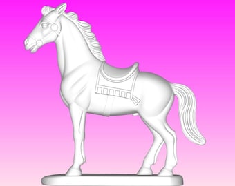 May include: A white horse figurine with a saddle and bridle, standing on a rectangular base. The horse is depicted in a side profile, with detailed features and a flowing mane and tail. The background is a gradient of pink and purple.