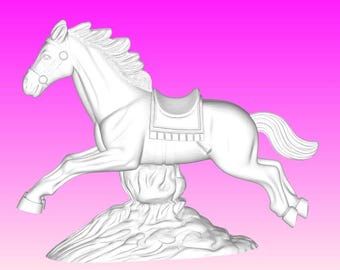 May include: A white horse sculpture in a leaping pose, complete with a saddle. The horse is mounted on a textured base, set against a gradient pink background. The sculpture is detailed with a flowing mane and tail.