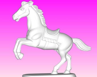 May include: A white horse figurine in a rearing pose, with a saddle and bridle details. The horse is on a rectangular base, set against a gradient pink background. The sculpture is a detailed, three-dimensional representation.