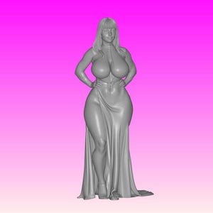 May include: A 3D-rendered, gray-toned figure of a woman in a flowing gown. The figure has long hair and is posed with hands on hips. The dress has a draped design, and the background is a solid pink.