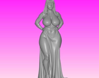 May include: A 3D-rendered, gray-toned figure of a woman in a flowing gown. The figure has long hair and is posed with hands on hips. The dress has a draped design, and the background is a solid pink.