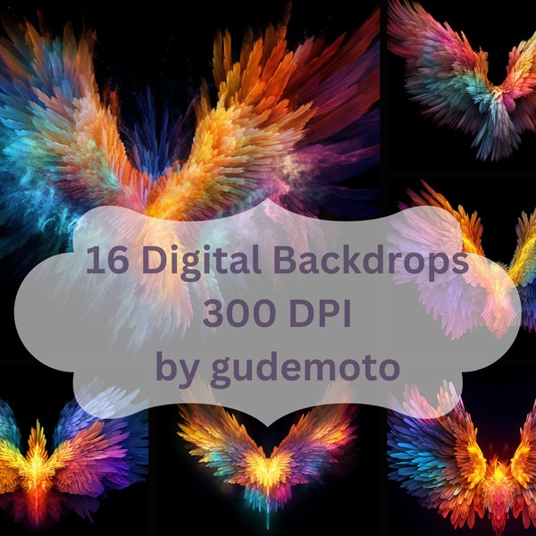 16 x Digital Backdrops, Colorful Angel Wings Black Background, Maternity Backdrop Overlays, Photoshop Overlays, Bundle, Rainbow Backdrops