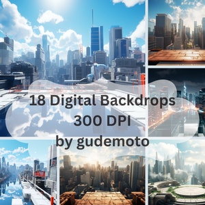Puede incluir: Un collage de 18 fondos digitales que presentan paisajes urbanos con diferentes iluminaciones y perspectivas. Los fondos son de 300 DPI y son de gudemoto.