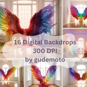 May include: 16 digital backdrops featuring rainbow angel wings in various poses and settings. The backdrops are 300 DPI and are perfect for photographers and graphic designers.