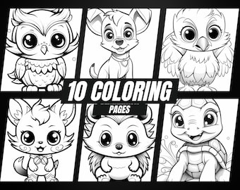 Desenhos para colorir de animais fofos para impressão para crianças | Folhas para colorir de animais Kawaii | Livro para colorir de 10 animais fofos | Download Digital Instantâneo |