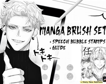Conjunto de pinceles Procreate Anime Manga con sellos de burbujas de discurso, pinceles de medios tonos, fondos de acción y efectos de sonido. Kit de brochas de manga para principiantes.