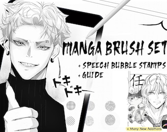 Procreate Manga Brush Set: 70 Brushes including Speech Bubble Stamps and Halftone, Line Brushes