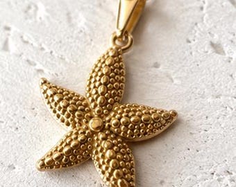 May include: A gold-toned necklace featuring a five-pointed starfish pendant. The pendant has a textured surface with raised circular bumps across its arms and center. It is attached to a delicate gold-toned chain by a simple metal bail.
