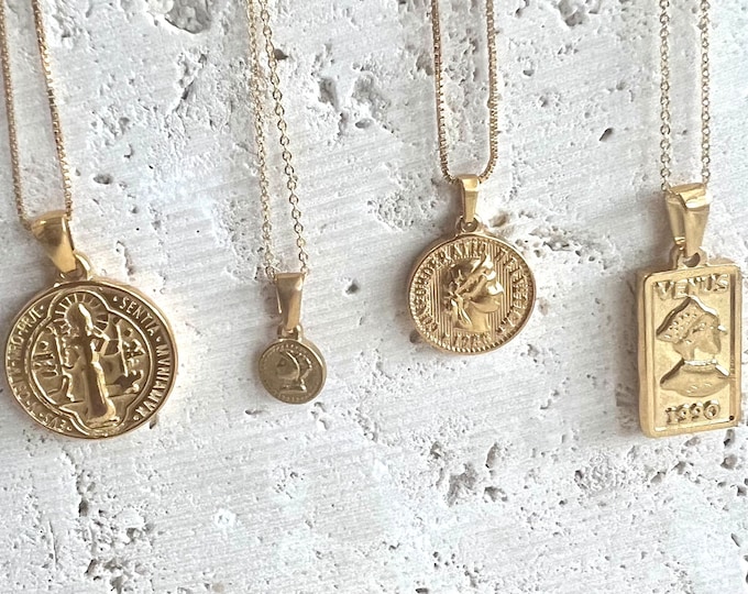 Vintage Italian Gold Necklace 14K Gold-Filled, Pendant Coin, Religious Gold Necklace, Dainty Necklace, Layered Necklace, Gift for her