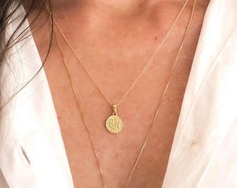14K Gold Filled Religious Small Reversible Pendant Necklace, Vintage Italian Medallion, Dainty Layering Jewelry