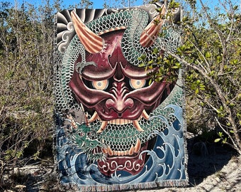 Oni Mask Blanket / 62 by 84 Inch / Boho Cotton Comfort for Queen Beds, Beach, & Psychedelic Tapestry