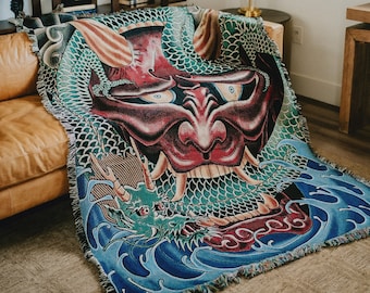 Oni Mask Throw Blanket / 62 by 84 Inch / Cozy Cotton Delight for Queen Sized Beds / Vibrant Woven Tapestry / Woven Cotton Blanket