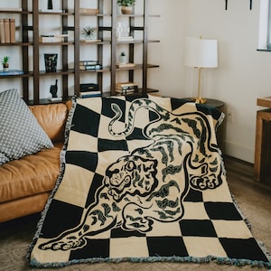 Tiger Chessboard Blanket / 62 by 84 Inch / Boho Cotton Throw for Queen Beds / Wall Tapestry / Woven Blanket/ Woven Placemats