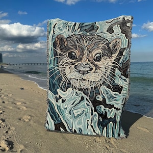 Otter Cotton Woven Blanket / Tapestry / Wildlife Blanket / Otter Blanket / Boho Decor