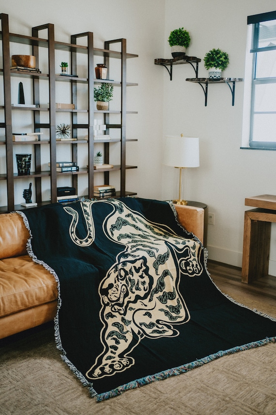 Midnight Tiger Blanket / 62 by 84 Inch / Boho Throw Blanket / Queen Size Beds/ Woven Wall Art / Cotton Woven Blanket / Beach Towel