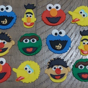 Handmade Edible Sesame Street Inspired  Fondant Cupcake Toppers - Set of 12 / Bert  Ernie  Elmo  Big Bird  Oscar the Grouch  Cookie Monster