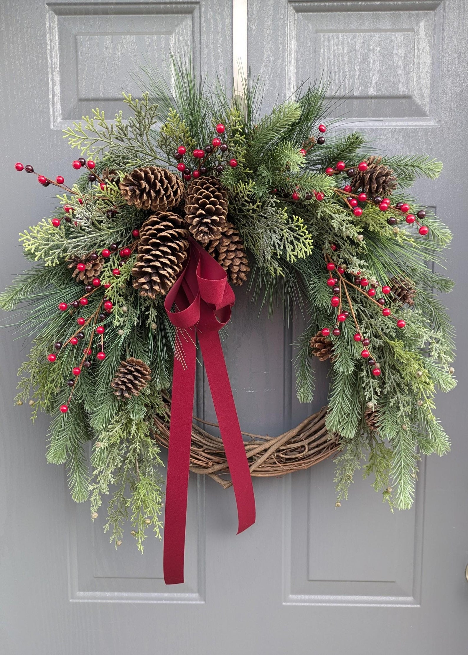 Winter Woodland Grapevine Wreath With Faux Evergreen and Berries ...