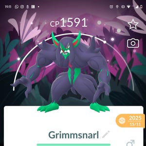 May include: A mobile game screen displays a purple and green Grimmsnarl character with a CP of 1591. The character is 1.54 meters tall and weighs 50.48 kilograms. The game interface shows stats, moves, and options like "Power Up."