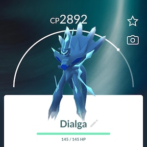 Pode incluir: Um personagem Pokémon azul e branco chamado Dialga com um CP de 2892. O Pokémon é do tipo Aço e Dragão, com uma altura de 6,77 metros e um peso de 757,78 quilogramas. O Pokémon tem 145 de 145 HP. O Pokémon tem 2.188.530 Pó de Estrelas, 29 Doces Dialga e 22 Doces Dialga XL. O Pokémon foi fortalecido 4.000 vezes e tem 3 fortalecimentos restantes. O Pokémon tem dois movimentos:  Dragon Breath e Draco Meteor.