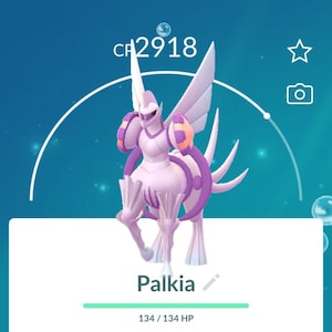 Pode incluir: Um personagem Pokémon Palkia roxo e branco com um CP de 2918. O Pokémon é mostrado com uma barra de saúde de 134/134 PV. O Pokémon é do tipo Água/Dragão e pesa 537,45 kg e tem 5,91 m de altura. O Pokémon tem 2 188 530 Pó de Estrelas, 27 Doces Palkia e 38 Doces Palkia XL. O Pokémon tem um custo de power-up de 4 000 Pó de Estrelas e 3 Doces Palkia. O Pokémon tem dois movimentos:  Dragon Breath e  Hydro Pump.