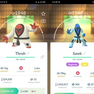 May include: A mobile phone screen displaying a game with two Pokemon characters. The first Pokemon is a red and white Throh with a CP of 1948. The second Pokemon is a blue Sawk with a CP of 1946. The game screen shows the Pokemon's stats, including their HP, weight, height, and candy.