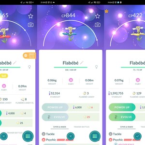 May include: A screenshot of a mobile game showing a Flabébé Pokémon with a CP of 665, 844, and 422. The Pokémon is a fairy type and has a pink flower on its head. The screenshot shows the Pokémon's stats, including its weight, height, and Stardust.