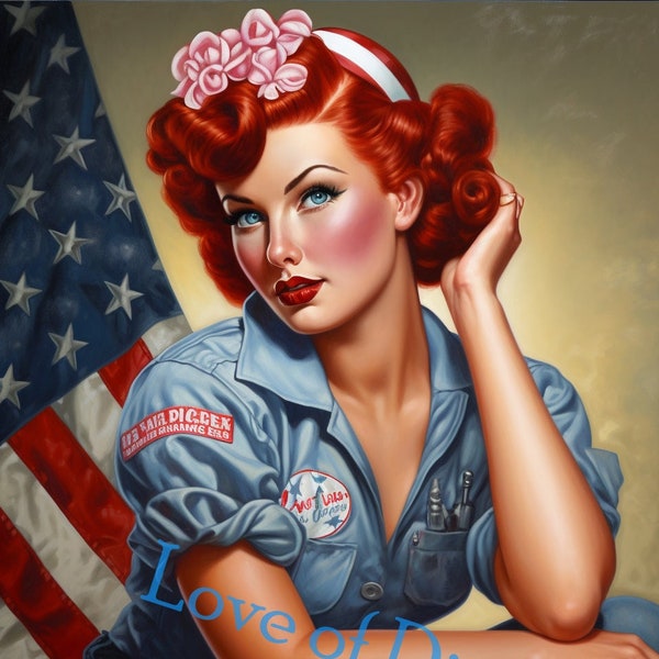 Pin-Up Style Redhead Female, Patriotic Theme, Digital Download Image, JPG 300 DPI
