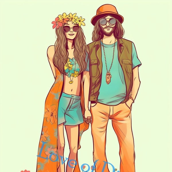 1970s Hippie Male and Female Couple, Cartoon Style, Digital Download Image, JPG 300 DPI  HC-G