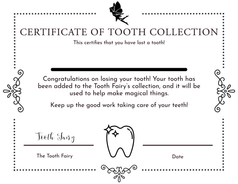 Tooth Fairy Certificate Printable Digital Download for Kids Who Lost