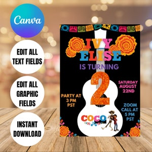 Coco bewerkbare verjaardagsuitnodiging Digital, Digital Evite, bewerkbaar in Canva Printable Download, uitnodigingssjabloon verjaardagsbenodigdheden