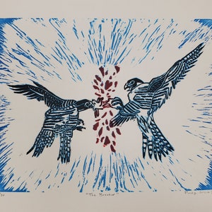 Peregrine Falcons Fighting Linocut Print - &quot;The Breakup&quot; (blue variation - limited run) Original Art Print