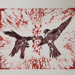 Peregrine Falcons Fighting Linocut Print - &quot;The Breakup&quot; - (red variation - limited run) Original Art Print