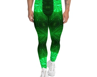 Mens Leggings in our Green Laser #2 design for festivals, clubbing, gym, or lounge.