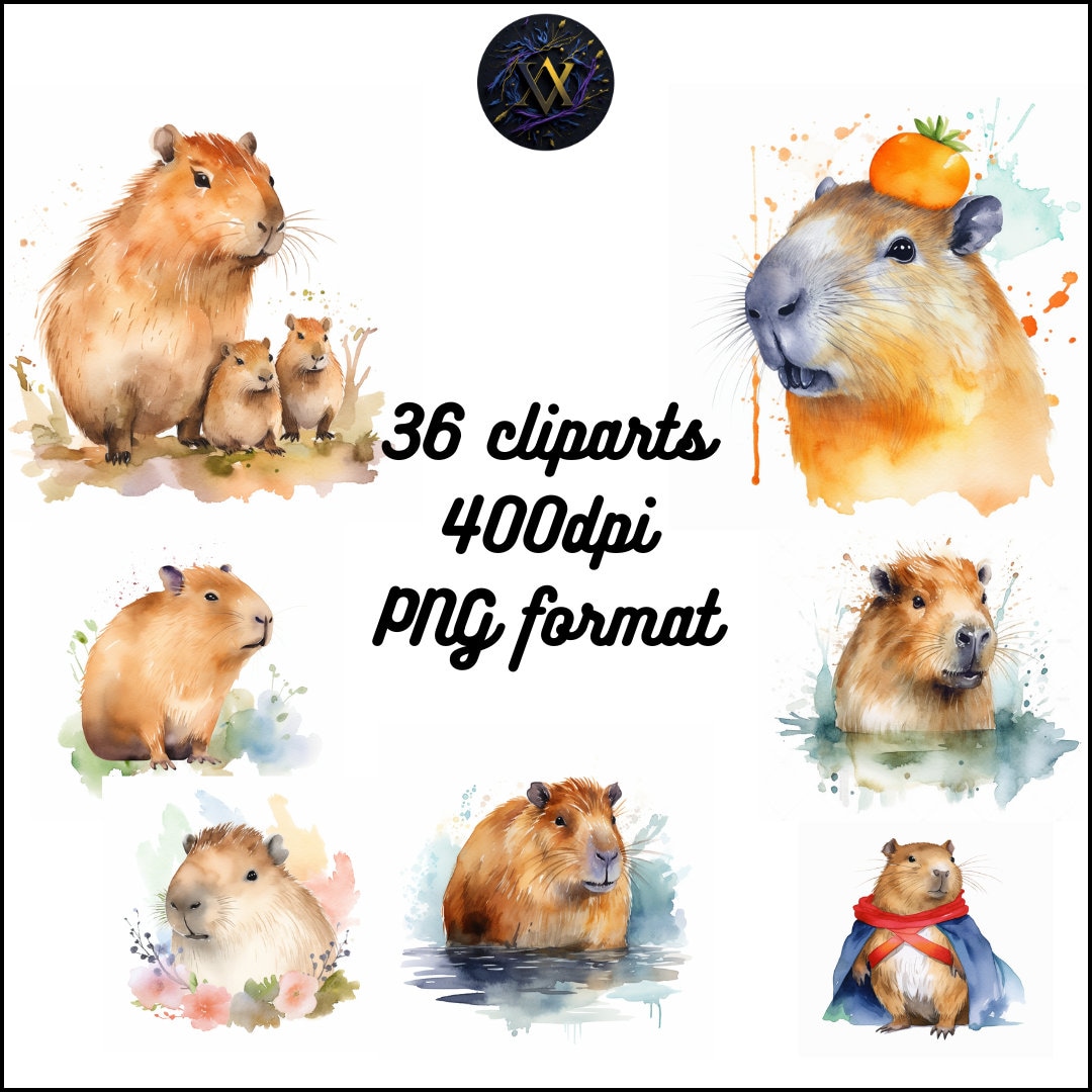 36 Capybara Watercolor Cliparts, Fantasy Illustrations, Digital Planner ...