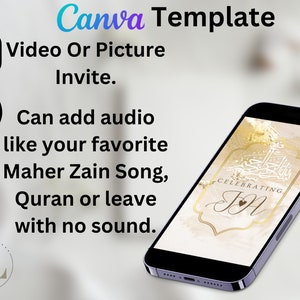 May include: A smartphone mockup displaying a digital invitation template with a gold and white background. The template features Arabic calligraphy and the text "Celebrating" and "You".