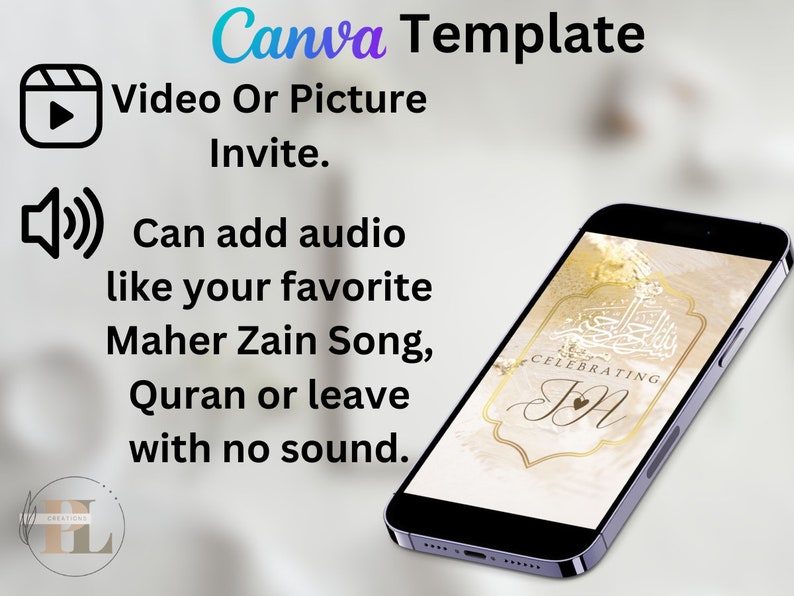 May include: A smartphone mockup displaying a digital invitation template with a gold and white background. The template features Arabic calligraphy and the text "Celebrating" and "You".