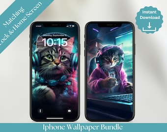 Fondo de pantalla para móvil con temática de gatos gamers, pantalla de bloqueo y pantalla de inicio a juego (descarga digital)