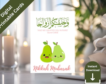 Nikkah Mubarak Cute Pears Card Muslim Couple Wedding Gift Card Islamic Wedding Gift Card Printable And We Created You In Pairs Arabic